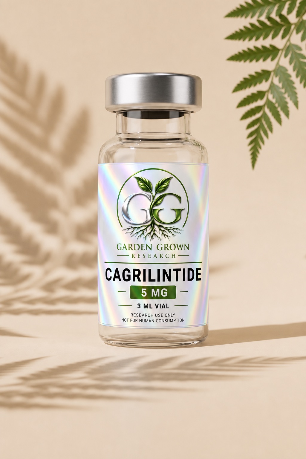 Clear Cagrilintide vial with Garden Grown holographic label