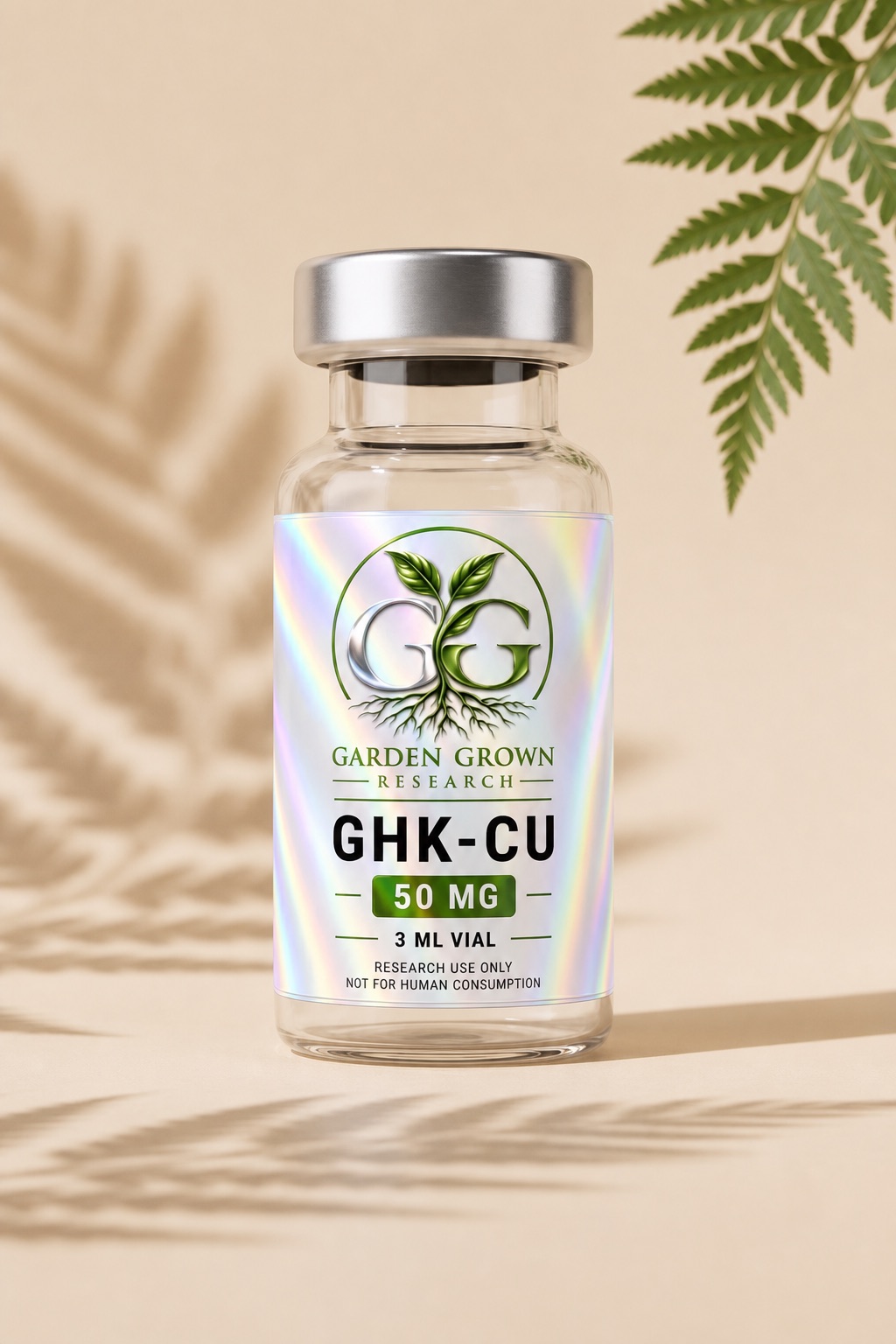 Clear GHK-Cu vial with Garden Grown holographic label