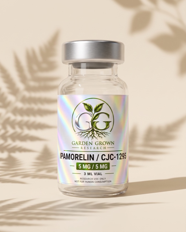 Clear CJC and Ipamorelin blend vial with Garden Grown holographic label