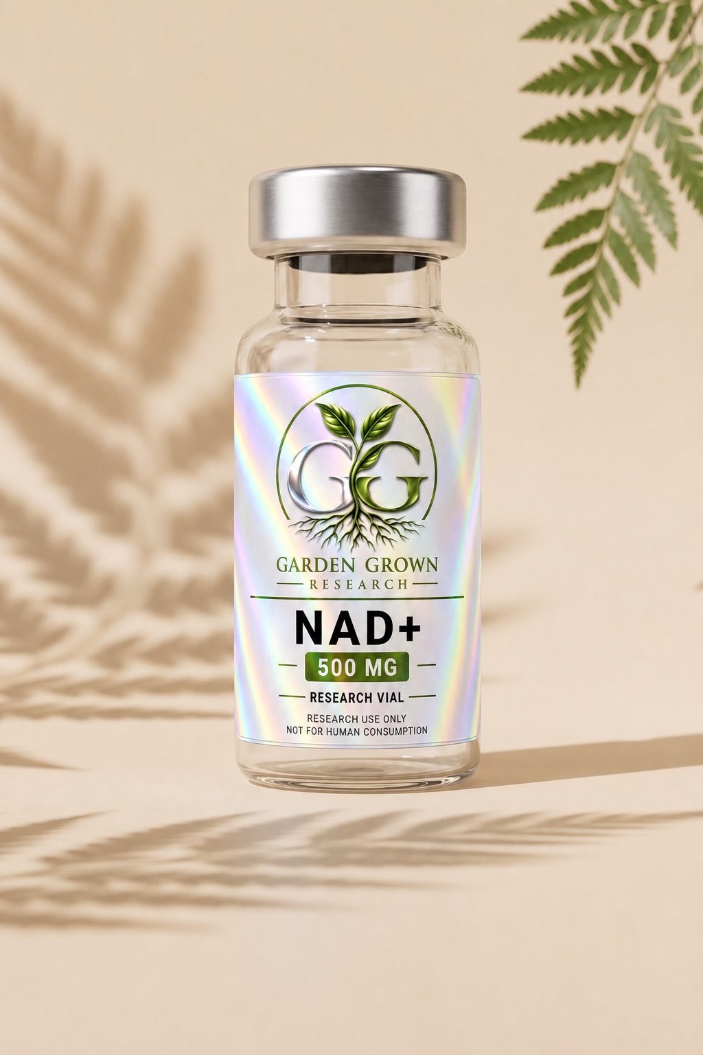Clear NAD+ research vial with Garden Grown holographic label