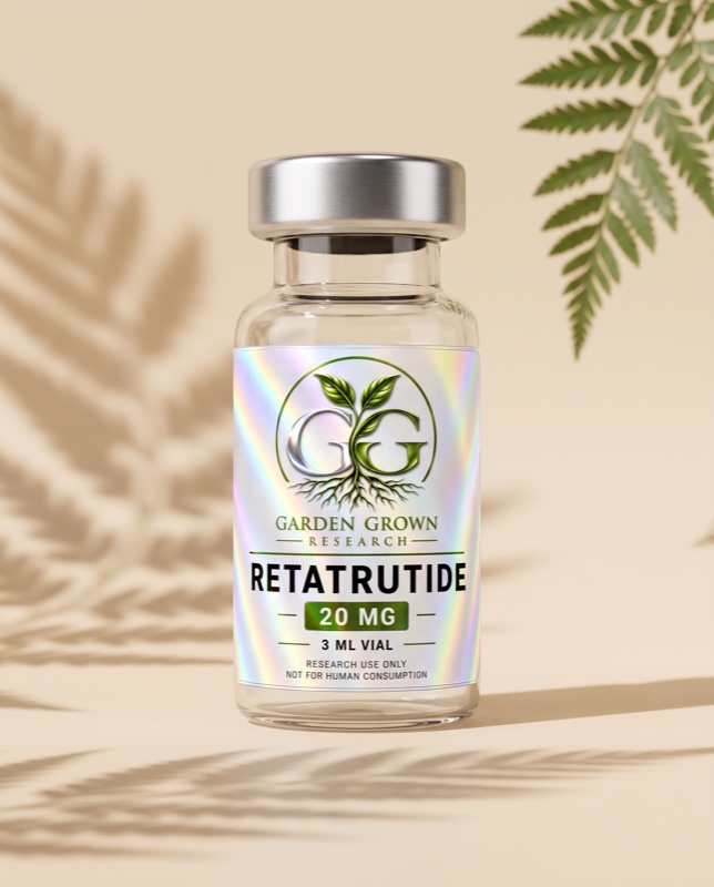 Clear Retatrutide vial with Garden Grown holographic label