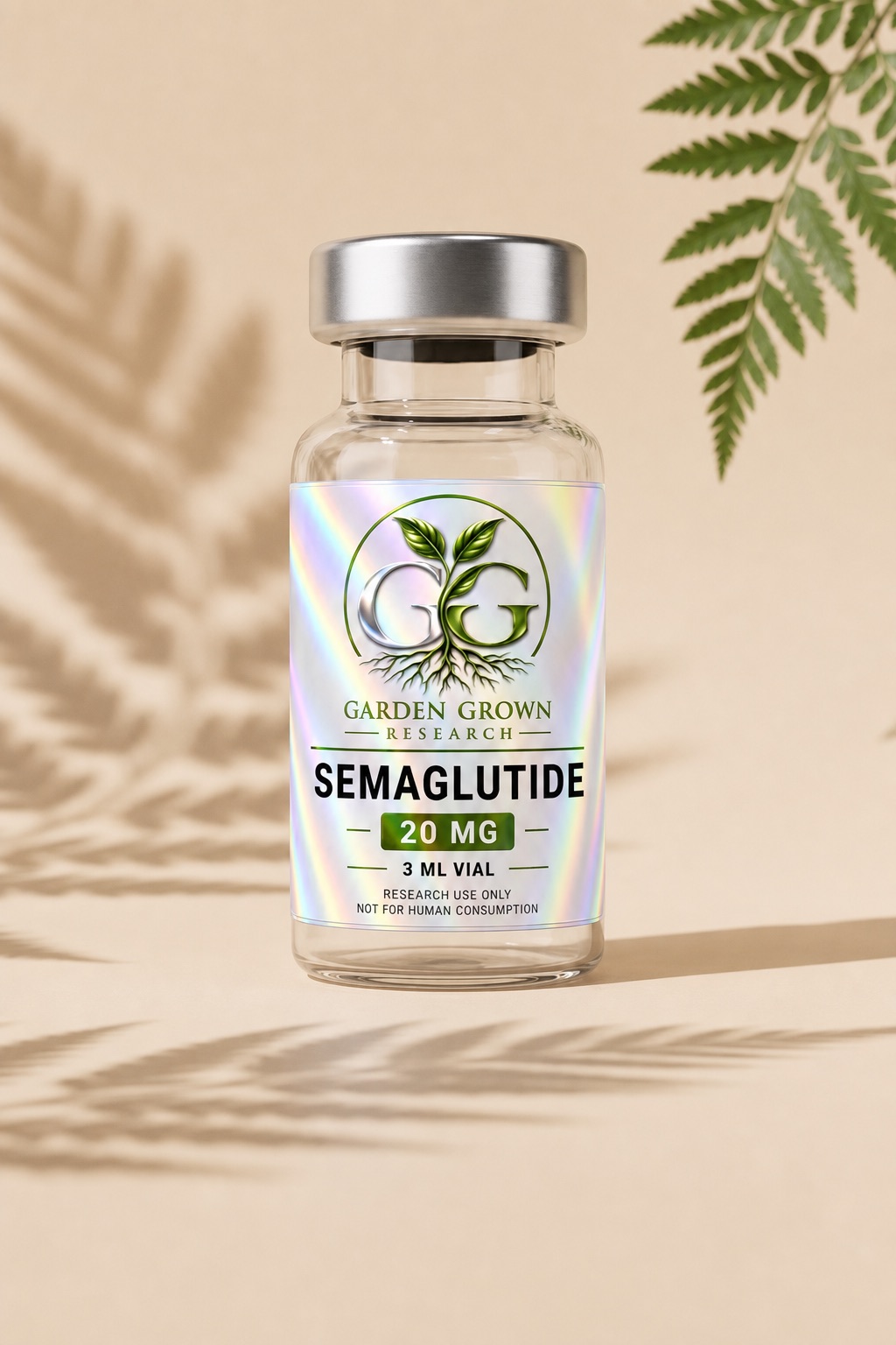 Clear Semaglutide vial with Garden Grown holographic label