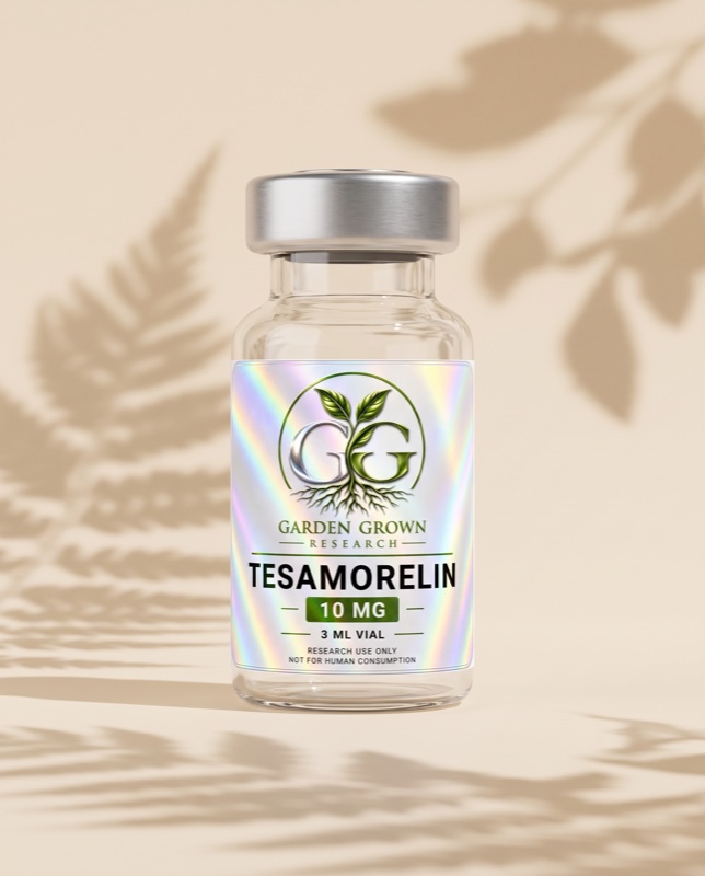 Clear Tesamorelin vial with Garden Grown holographic label