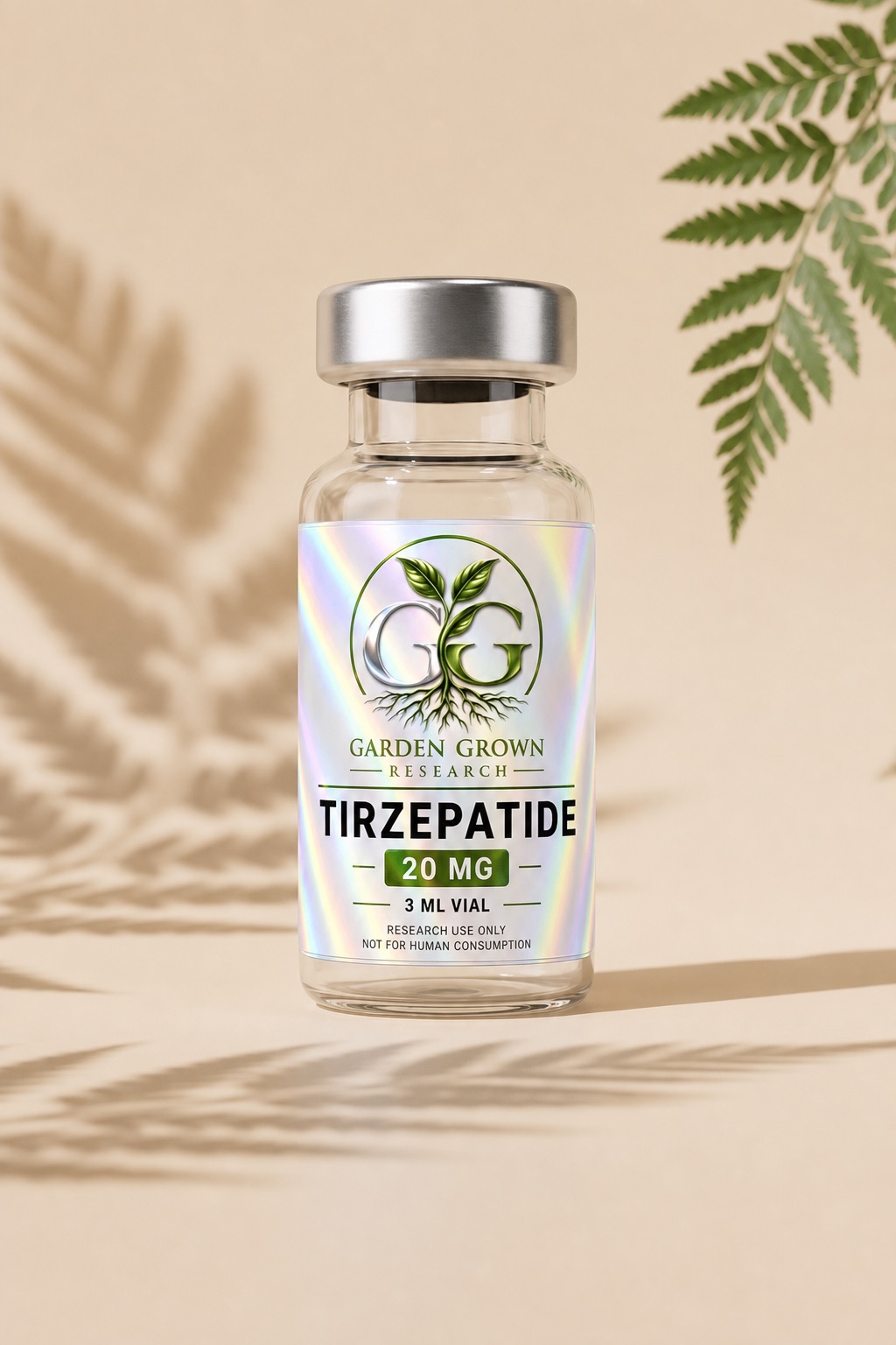 Clear Tirzepatide vial with Garden Grown holographic label